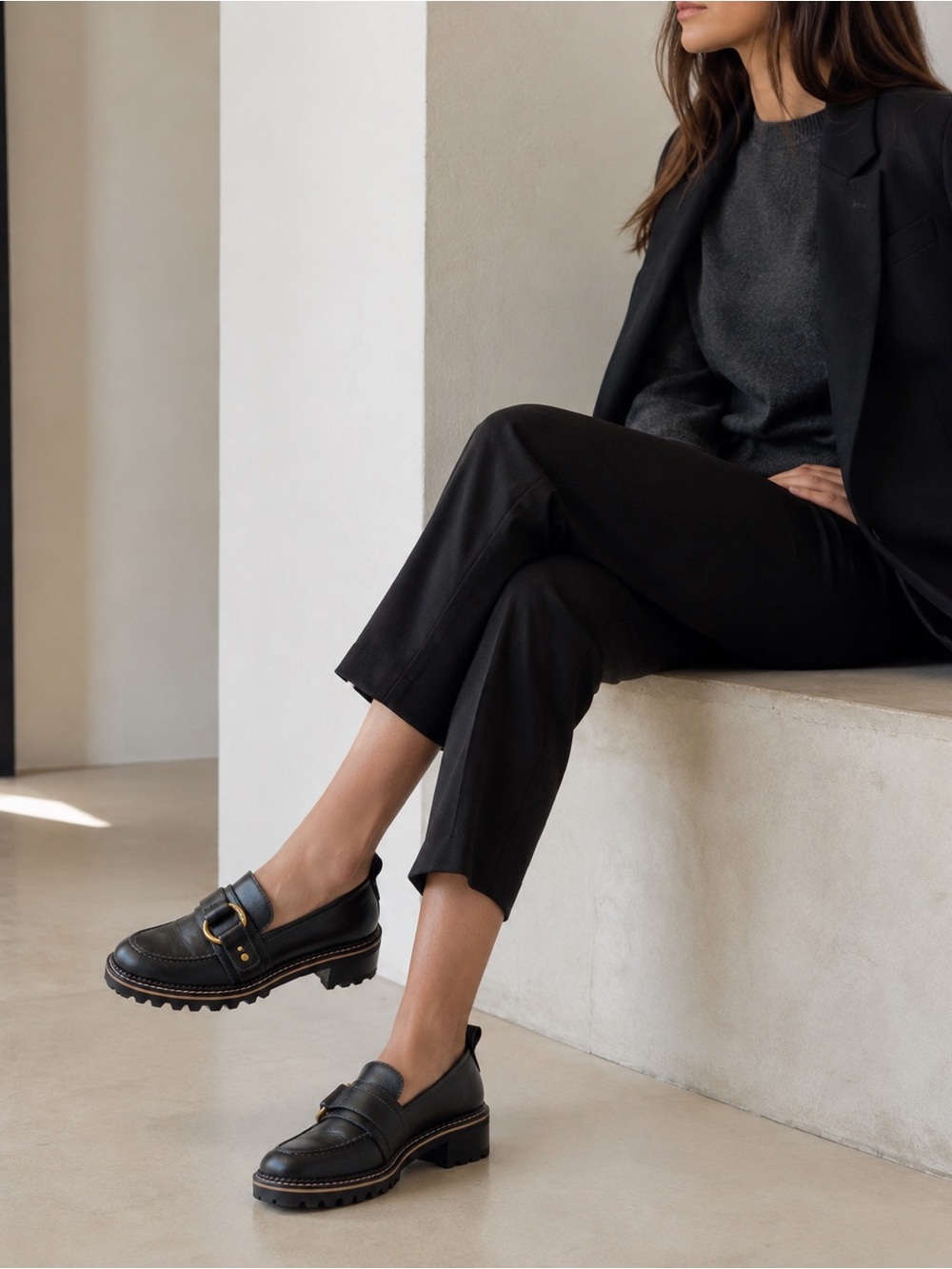 See by Chloé Black Leather Lug Sole Loafers Gold Ring EU 40 US 10